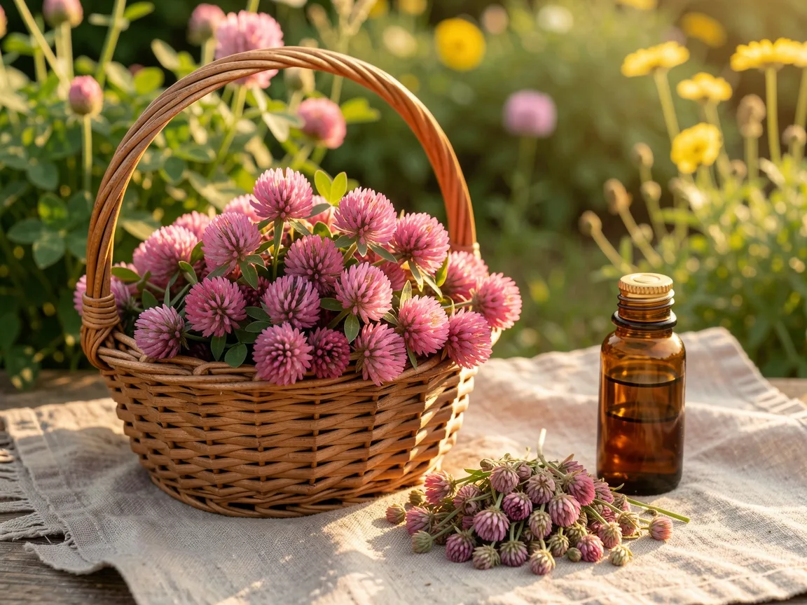 Red clover flower heads and tincture bottle for natural bone loss prevention
