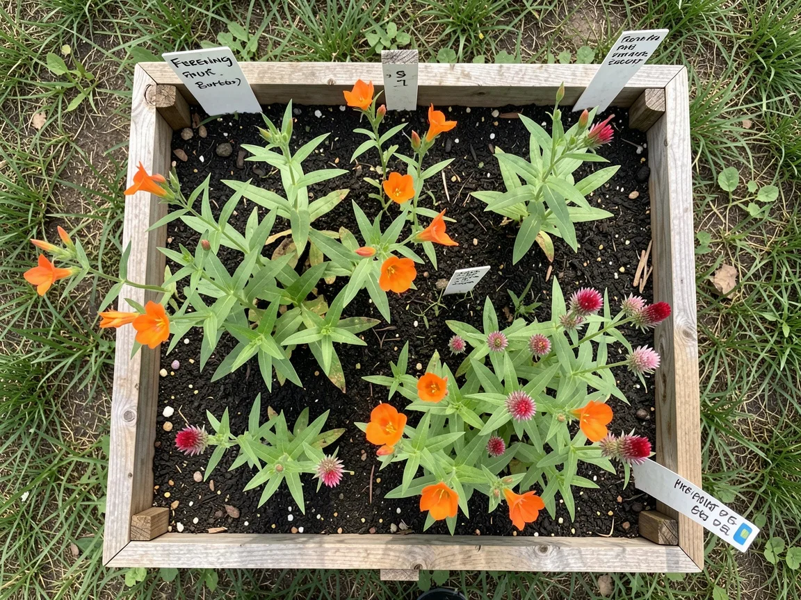 Small 8 square foot medicinal herb garden with evening primrose and red clover