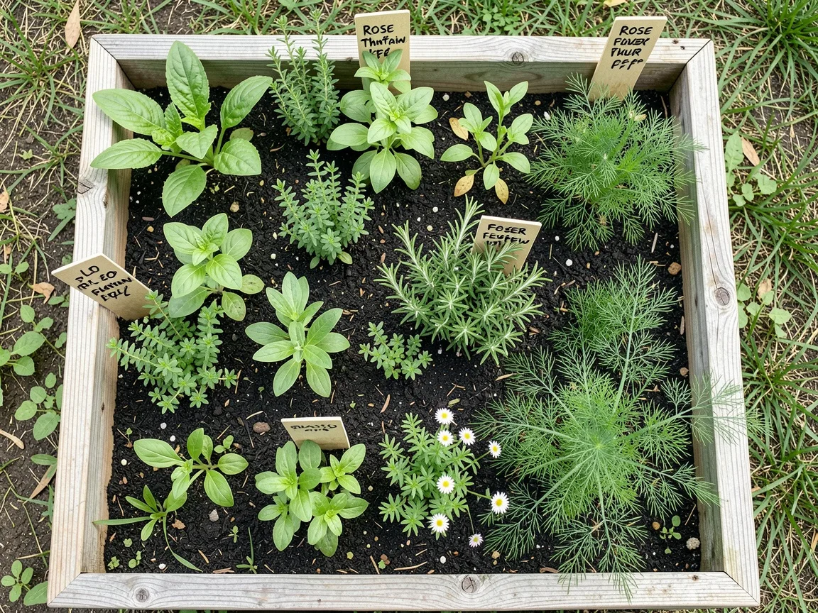 Small 15 to 20 square foot survival herb garden with plantain thyme rosemary feverfew and dill