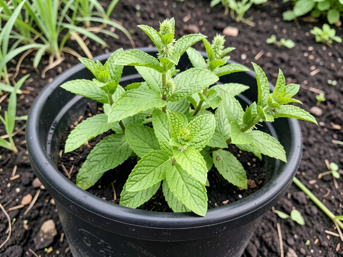 Peppermint growing in container to control spread for medicinal harvest and digestive health
