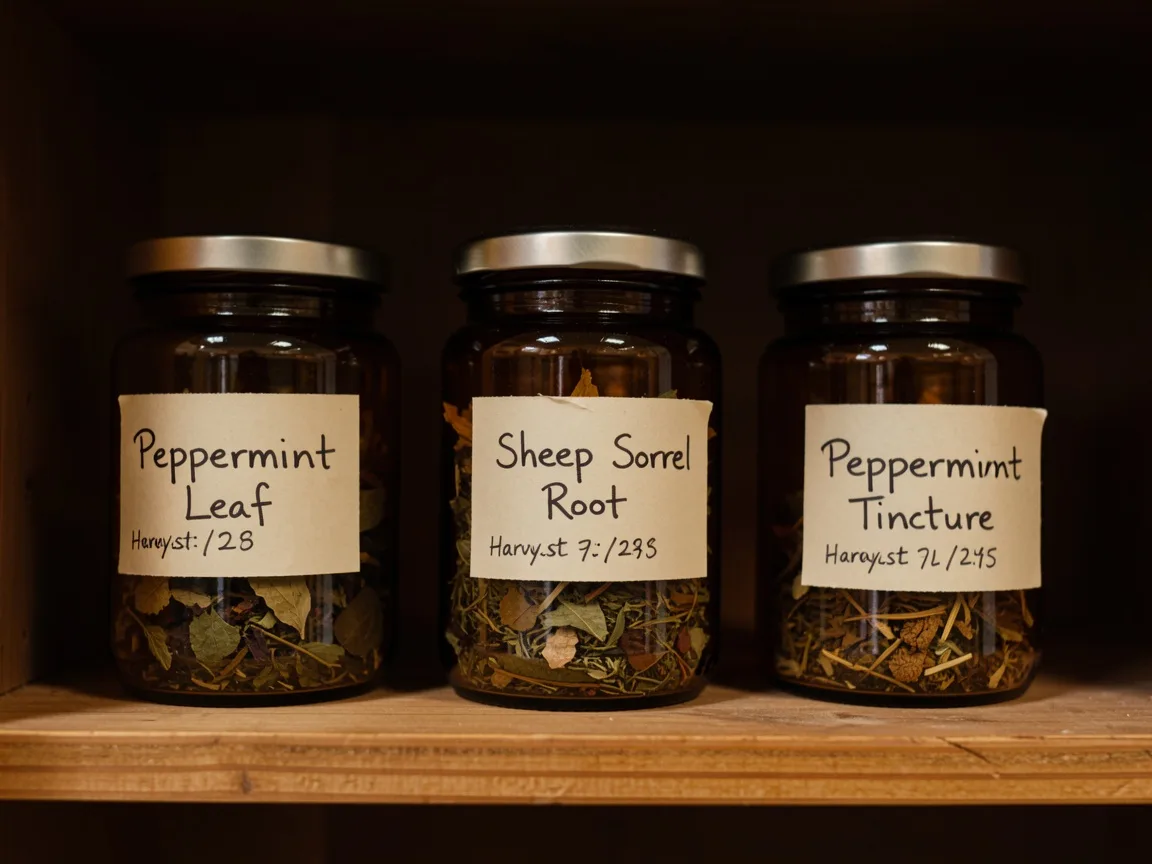 Properly labeled amber glass jars storing dried peppermint and sheep sorrel for long-term medicinal use