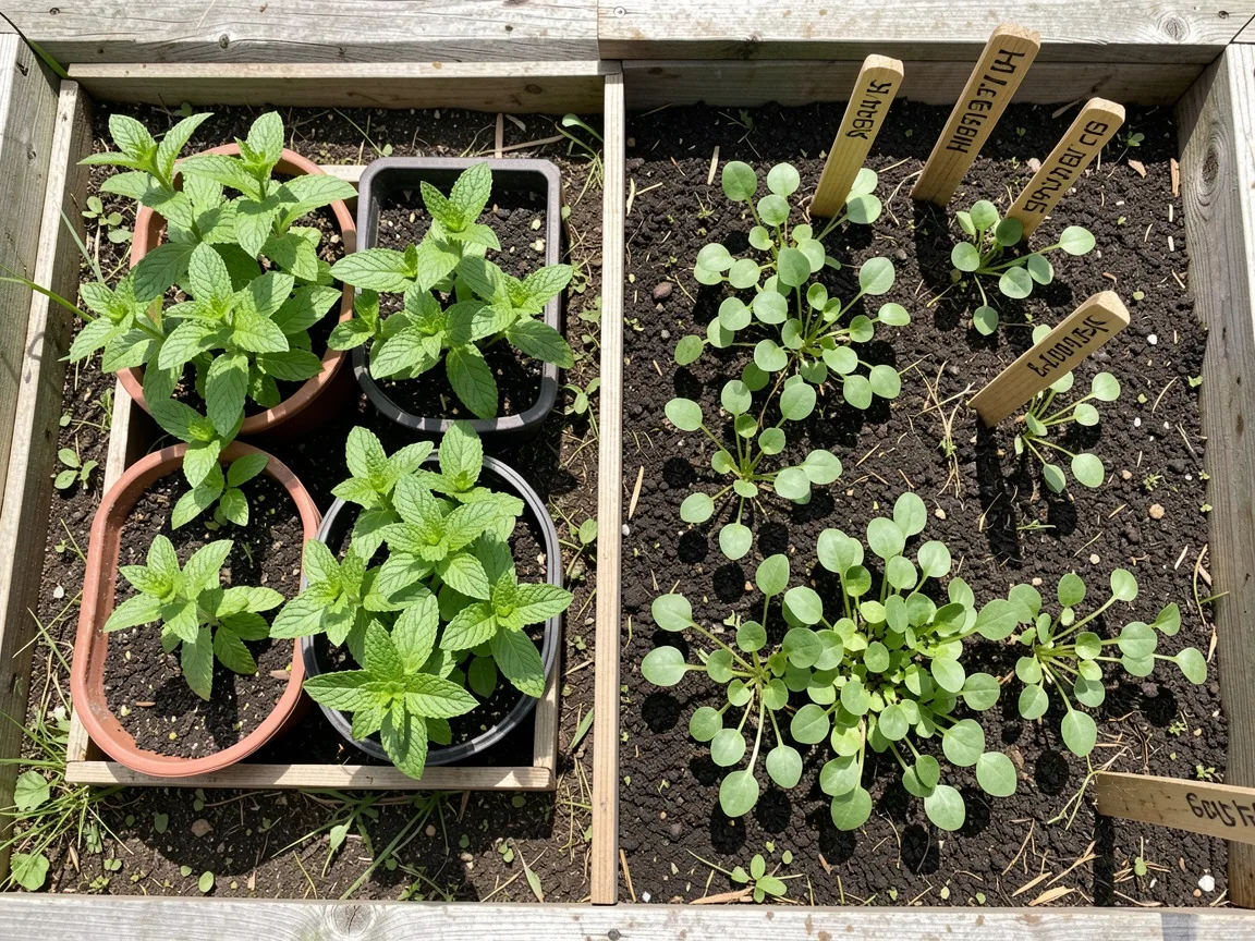 Five square foot medicinal herb garden layout with containerized peppermint and sheep sorrel in open ground