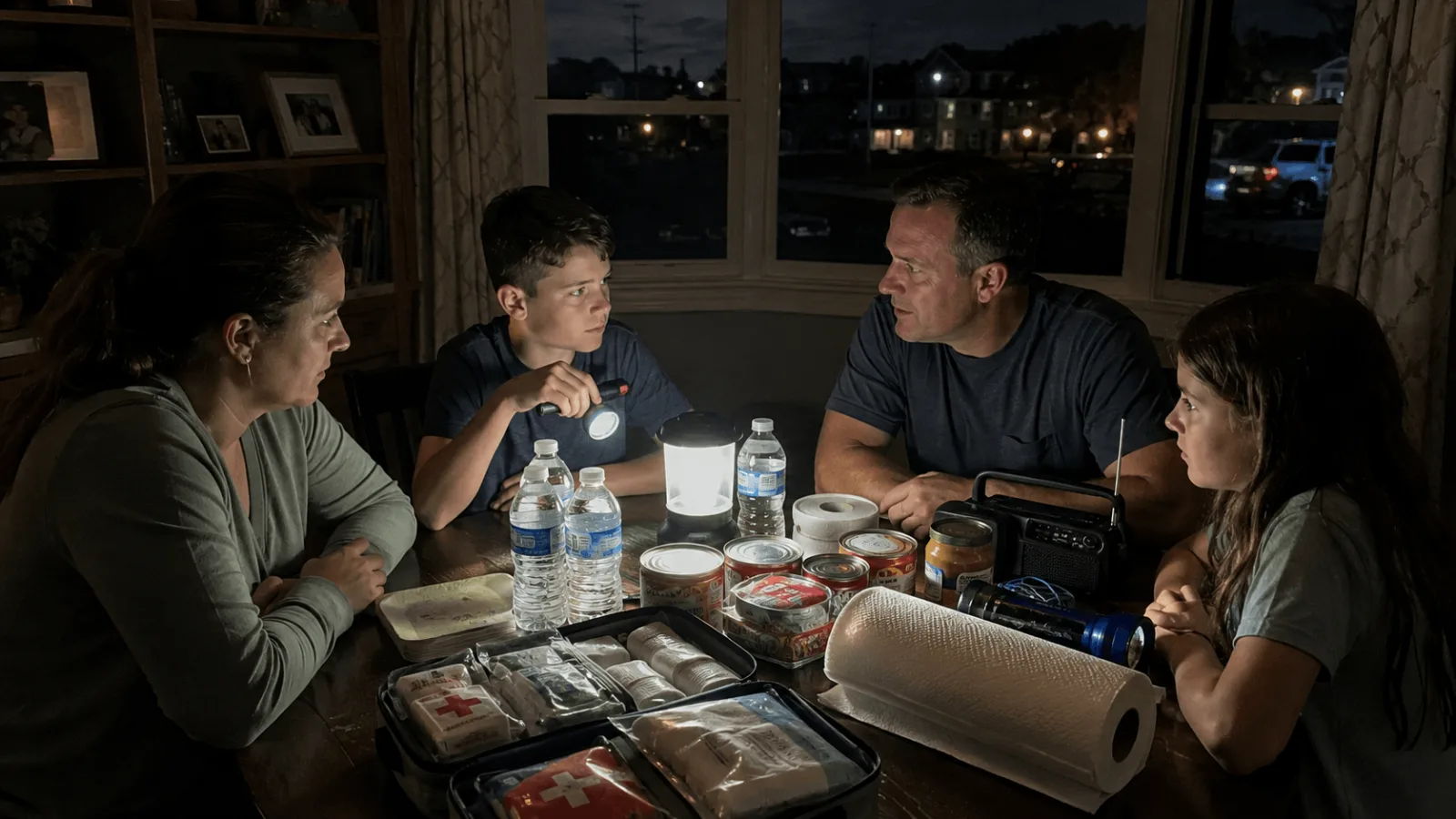 a quiet emergency gathering by lantern light