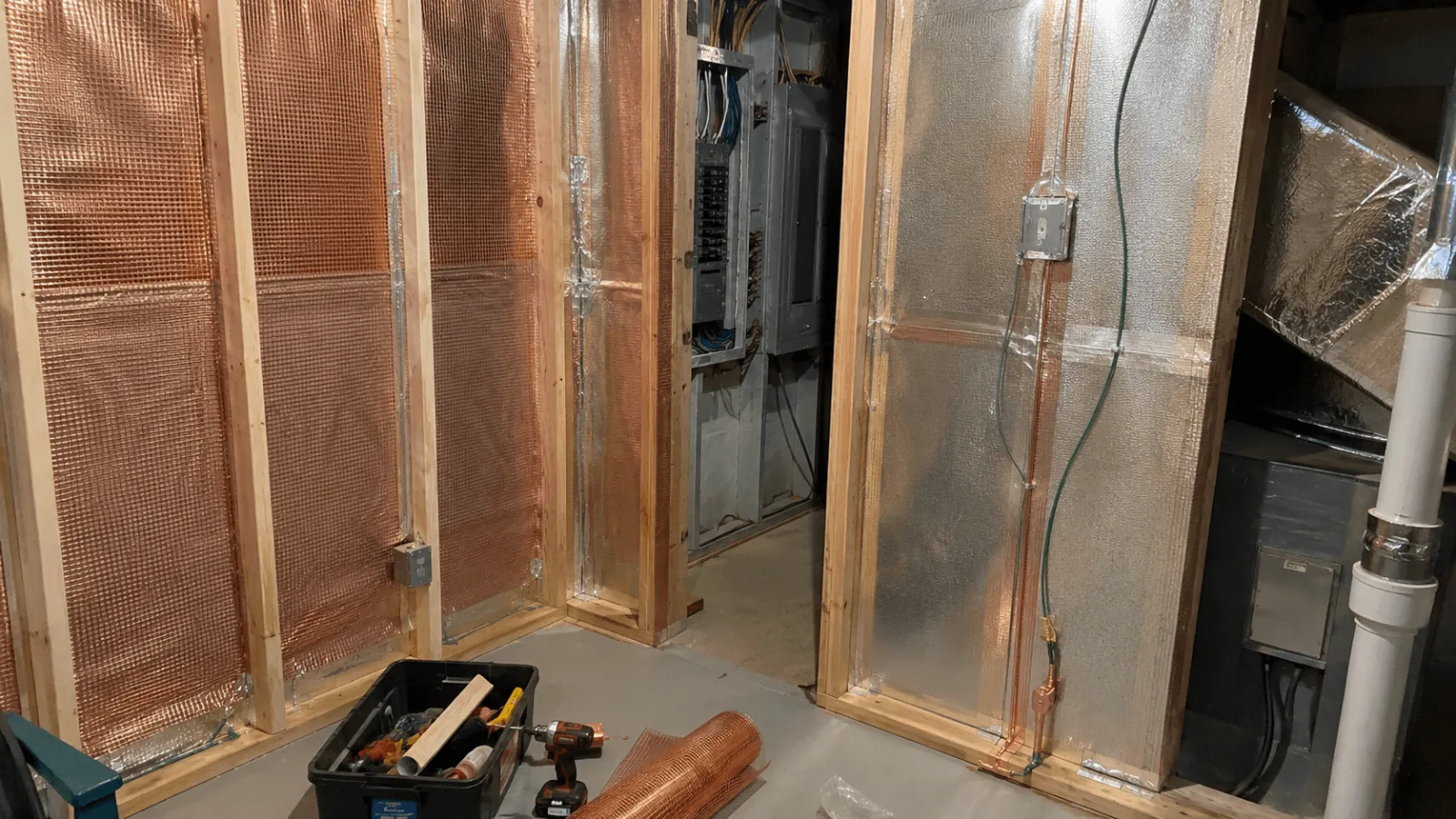 copper mesh grounded faraday room construction